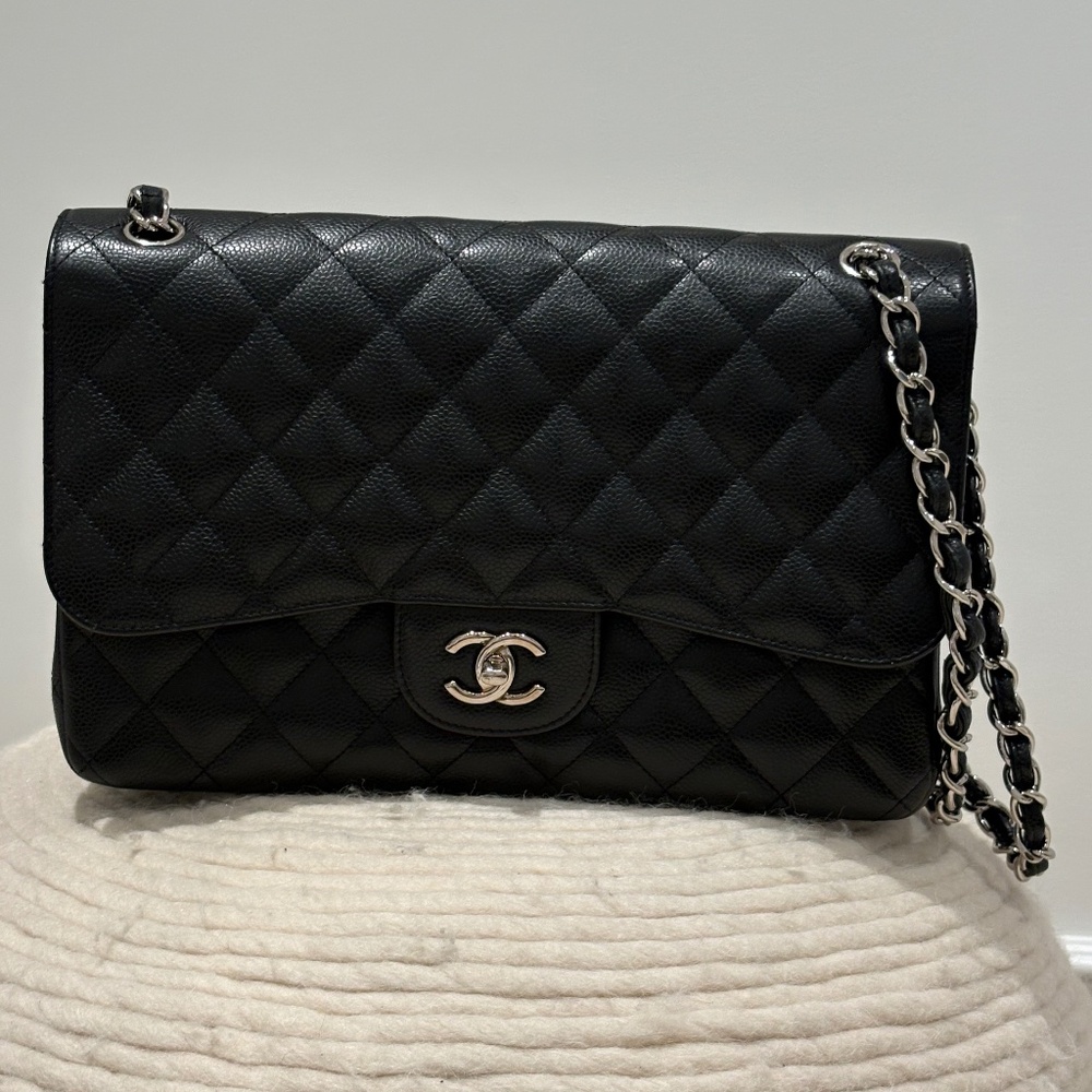 CHANEL Classic Flap Bag (Black Caviar, Silver Hardware) + Matching Wallet | Full